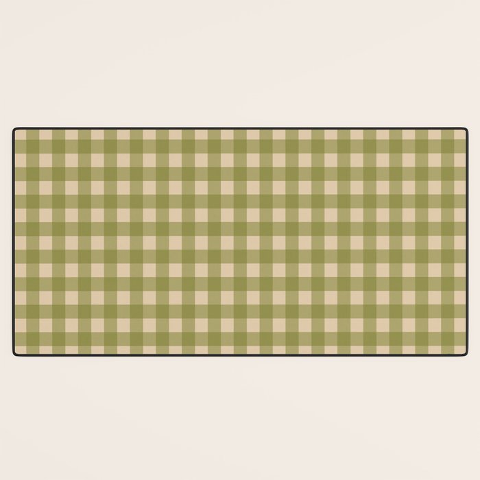 Gingham Check Pattern in Muted Vintage Olive Green and Beige Desk Mat Gallery Image 3