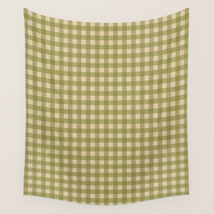 Gingham Check Pattern in Muted Vintage Olive Green and Beige Wall Tapestry Gallery Image 4