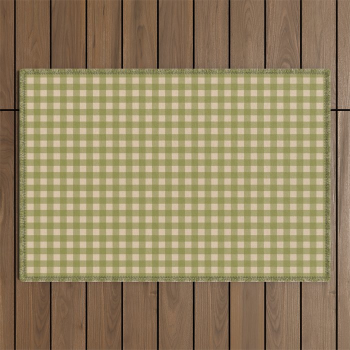 Gingham Check Pattern in Muted Vintage Olive Green and Beige Outdoor Rug Gallery Image 1
