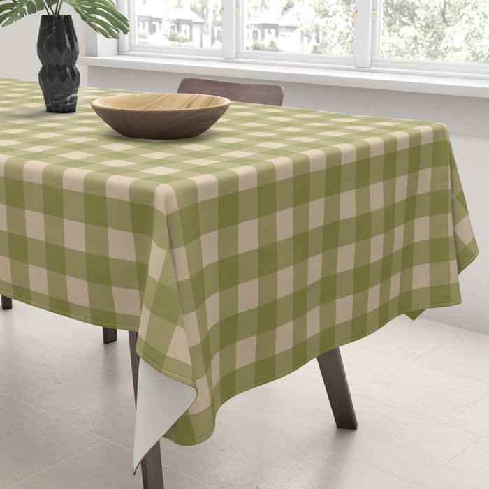 Gingham Check Pattern in Muted Vintage Olive Green and Beige Tablecloth Gallery Image 3