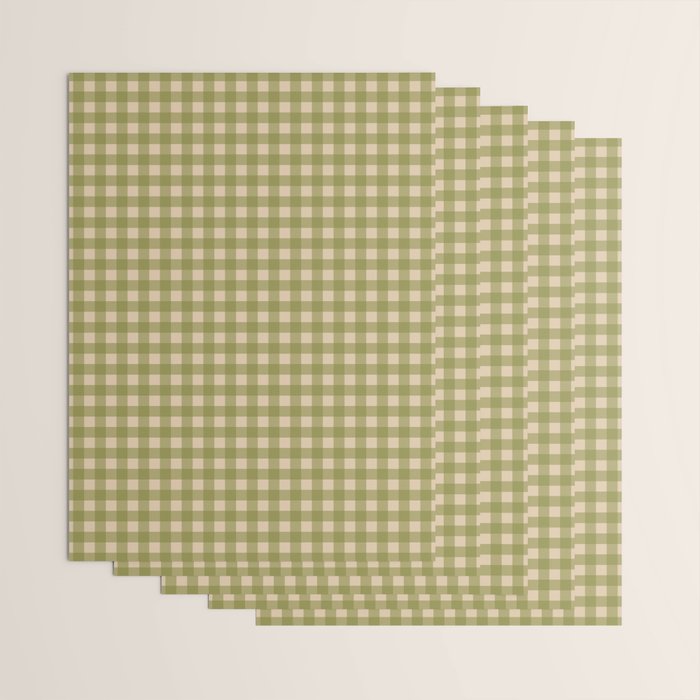 Gingham Check Pattern in Muted Vintage Olive Green and Beige Wrapping Paper Gallery Image 3