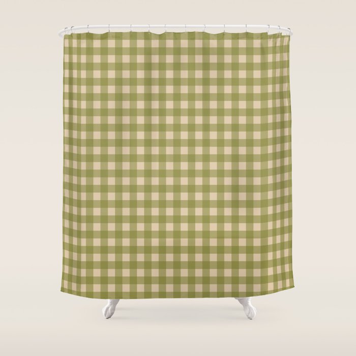 Gingham Check Pattern in Muted Vintage Olive Green and Beige Shower Curtain Gallery Image 1