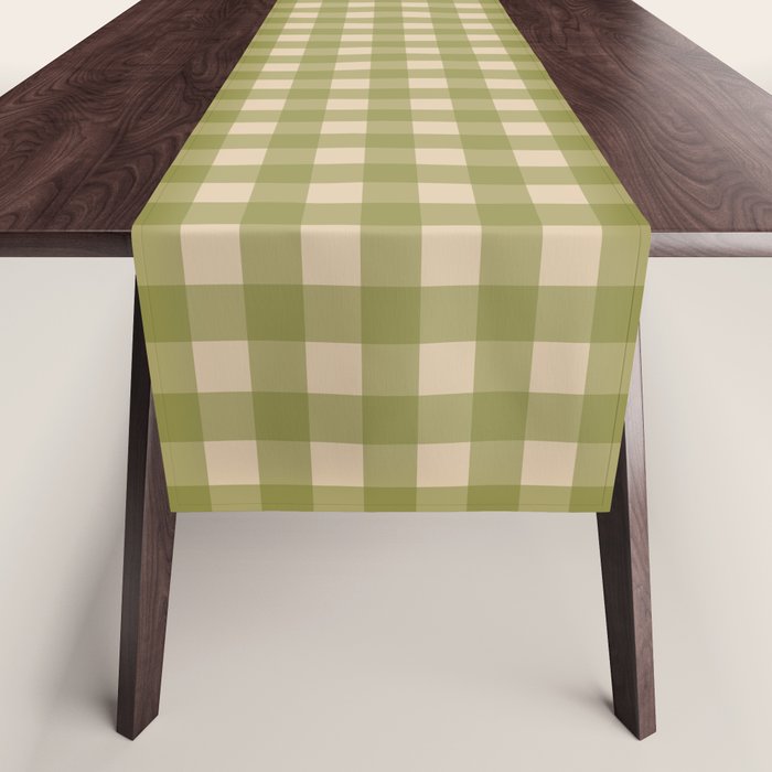 Gingham Check Pattern in Muted Vintage Olive Green and Beige Table Runner Gallery Image 1