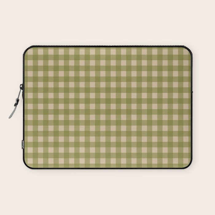 Gingham Check Pattern in Muted Vintage Olive Green and Beige Laptop Sleeve Gallery Image 1
