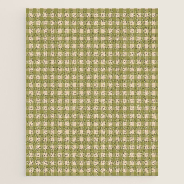 Gingham Check Pattern in Muted Vintage Olive Green and Beige Jigsaw Puzzle Gallery Image 1