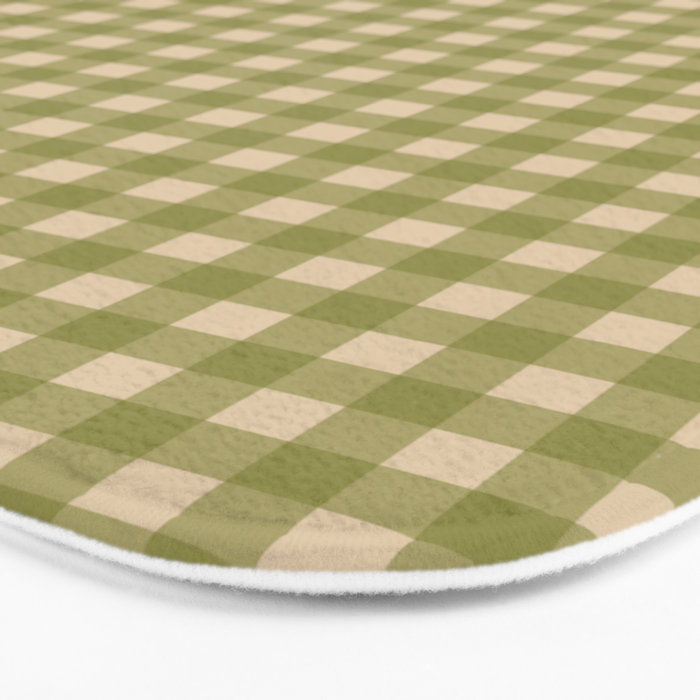 Gingham Check Pattern in Muted Vintage Olive Green and Beige Bath Mat Gallery Image 3
