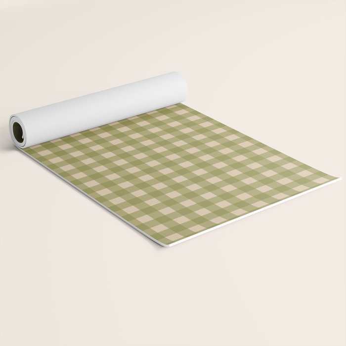Gingham Check Pattern in Muted Vintage Olive Green and Beige Yoga Mat Gallery Image 2