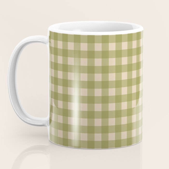 Gingham Check Pattern in Muted Vintage Olive Green and Beige Coffee Mug Gallery Image 3