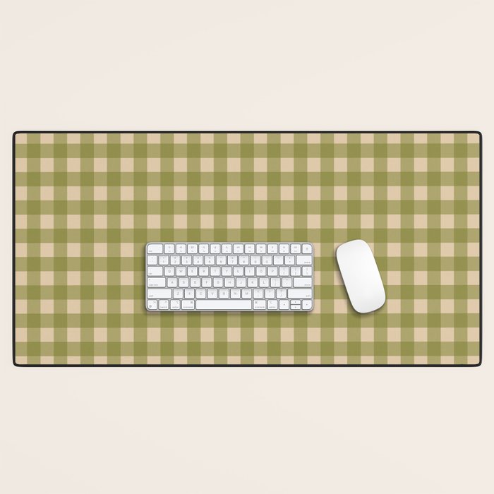 Gingham Check Pattern in Muted Vintage Olive Green and Beige Desk Mat Gallery Image 1