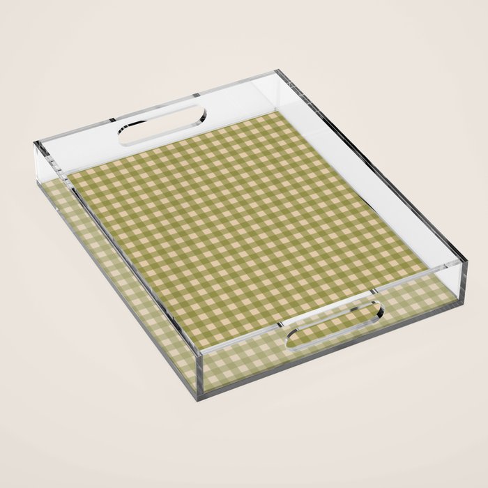 Gingham Check Pattern in Muted Vintage Olive Green and Beige Acrylic Tray Gallery Image 1