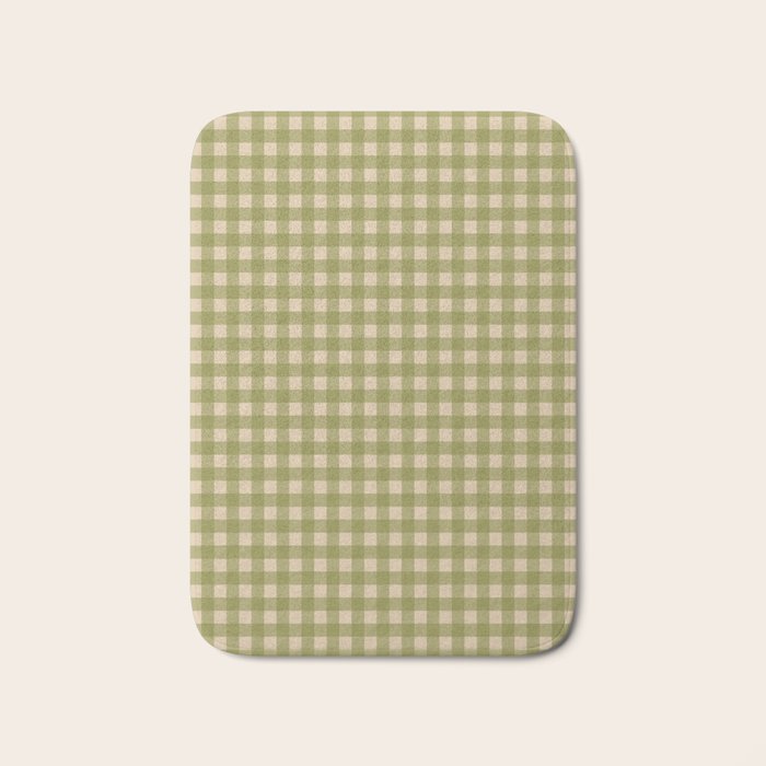 Gingham Check Pattern in Muted Vintage Olive Green and Beige Bath Mat Gallery Image 1