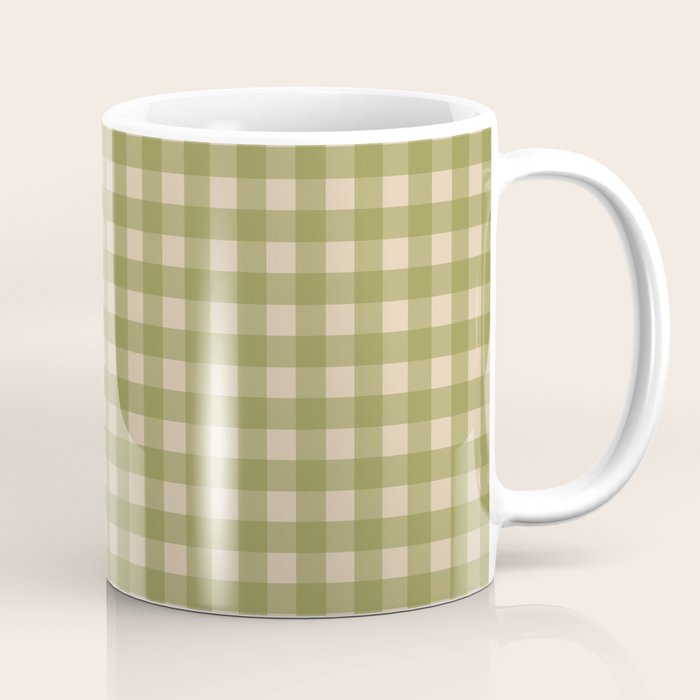 Gingham Check Pattern in Muted Vintage Olive Green and Beige Coffee Mug Gallery Image 1