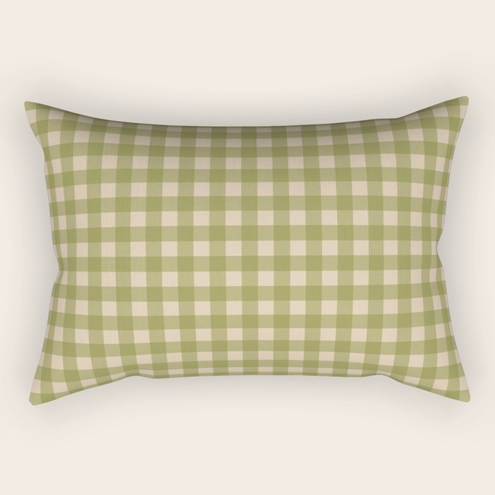Gingham Check Pattern in Muted Vintage Olive Green and Beige Rectangular Pillow Gallery Image 1