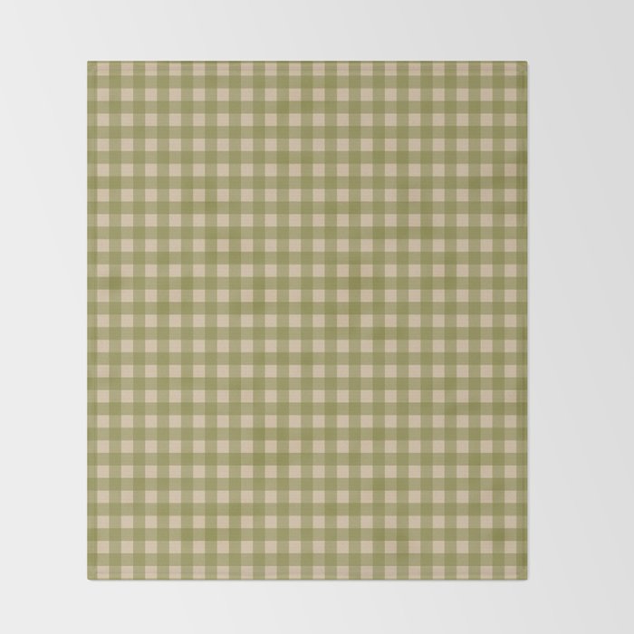 Gingham Check Pattern in Muted Vintage Olive Green and Beige Throw Blanket Gallery Image 2
