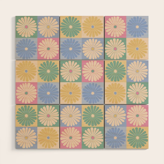 Retro Flowers Check Pattern XXIV Wood Wall Art Gallery Image 1