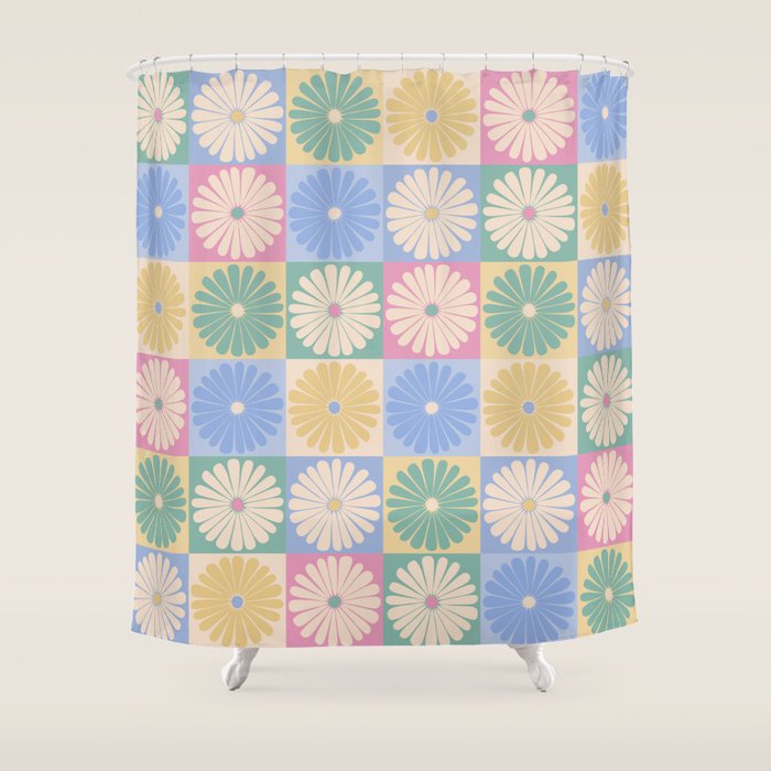 Retro Flowers Check Pattern XXIV Shower Curtain Gallery Image 1