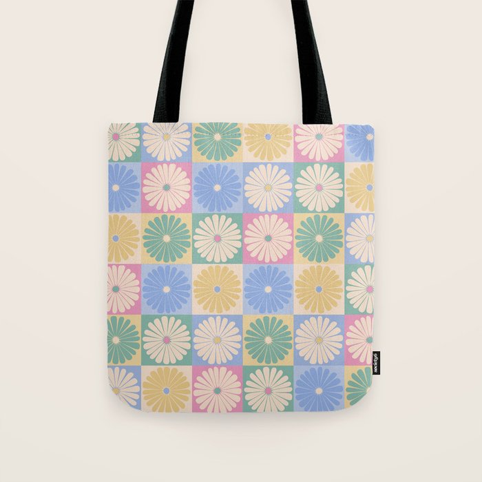 Retro Flowers Check Pattern XXIV Tote Bag Gallery Image 1