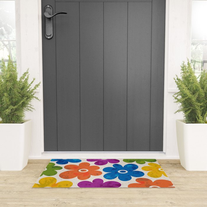 Colorful Retro Floral Pattern Welcome Mat Gallery Image 3