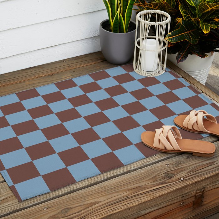 Checkerboard  Retro Mahogany Brown Air Blue Outdoor Rug Gallery Image 2