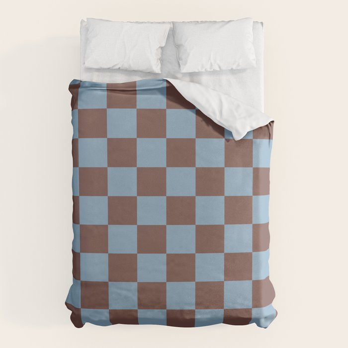 Checkerboard  Retro Mahogany Brown Air Blue Duvet Cover