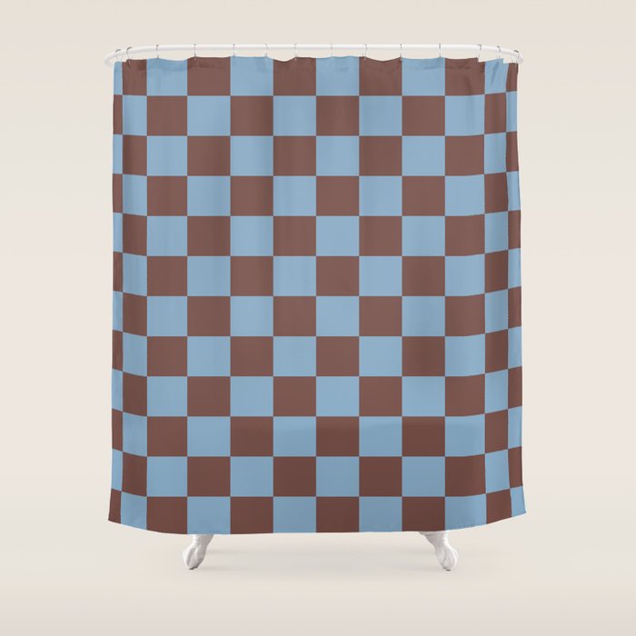 Checkerboard  Retro Mahogany Brown Air Blue Shower Curtain Gallery Image 1