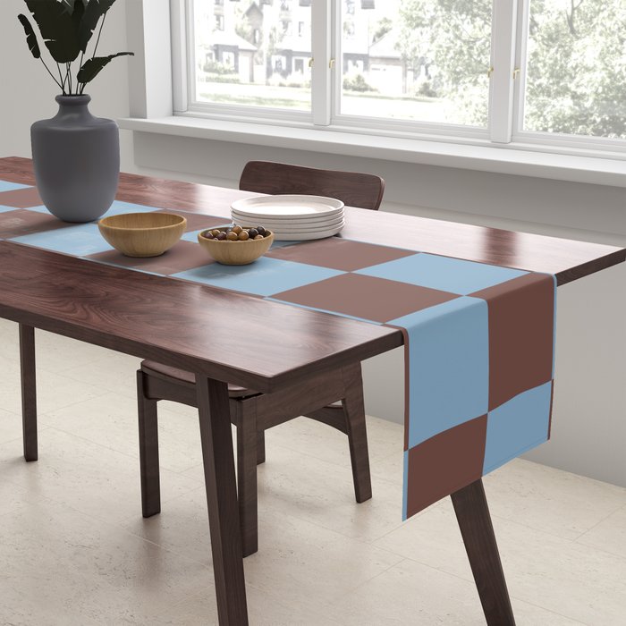 Checkerboard  Retro Mahogany Brown Air Blue Table Runner Gallery Image 2