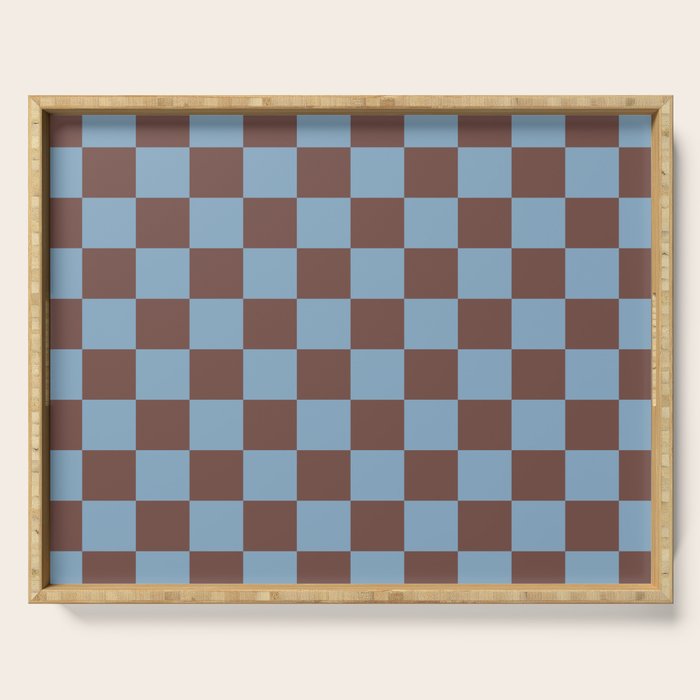 Checkerboard  Retro Mahogany Brown Air Blue Serving Tray Gallery Image 1
