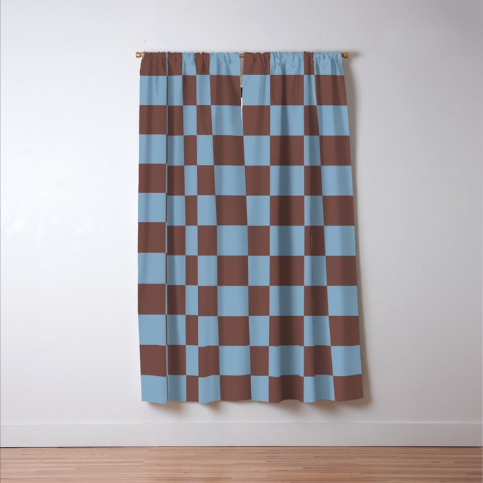 Checkerboard  Retro Mahogany Brown Air Blue Window Curtain Gallery Image 3