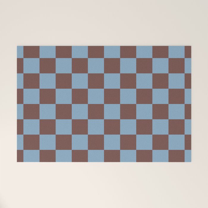 Checkerboard  Retro Mahogany Brown Air Blue Welcome Mat Gallery Image 1