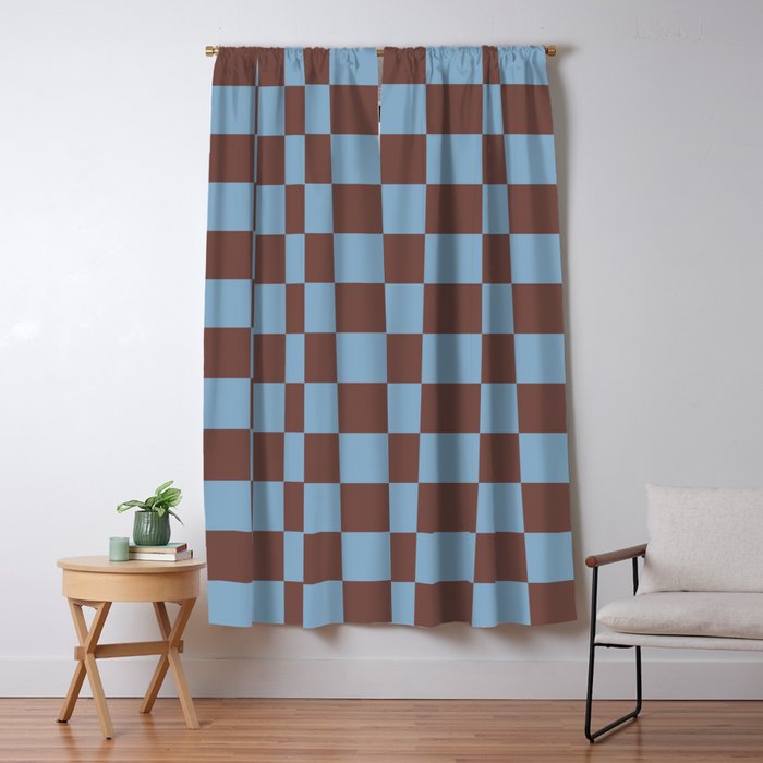 Checkerboard  Retro Mahogany Brown Air Blue Window Curtain Gallery Image 1