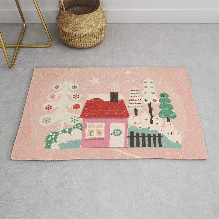 Festive Winter Hut in pink Rug Gallery Image 1