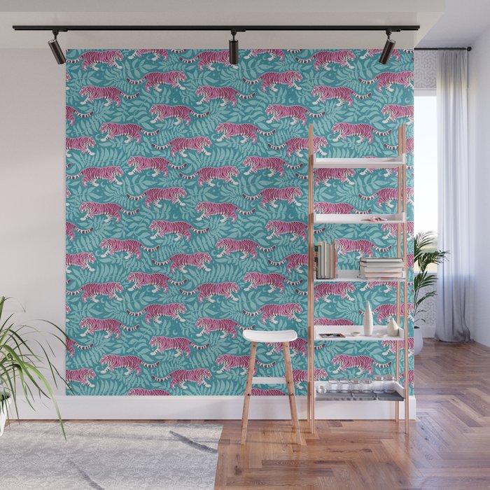 Tigers - Purple and aqua blue  Wall Mural Gallery Image 1