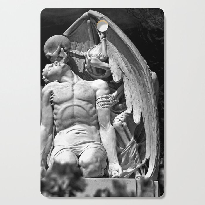 Kiss of Death, grave headstone winged angel of death marble sculpture and man Barcelona, Spain  Cutting Board Gallery Image 1