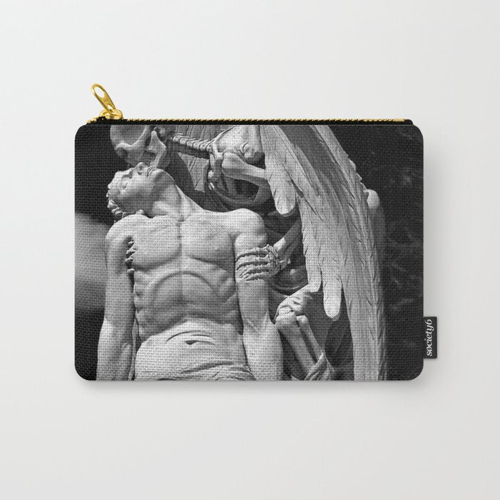 Kiss of Death, grave headstone winged angel of death marble sculpture and man Barcelona, Spain  Carry All Pouch Gallery Image 1