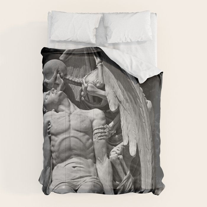 Kiss of Death, grave headstone winged angel of death marble sculpture and man Barcelona, Spain  Comforter Gallery Image 1