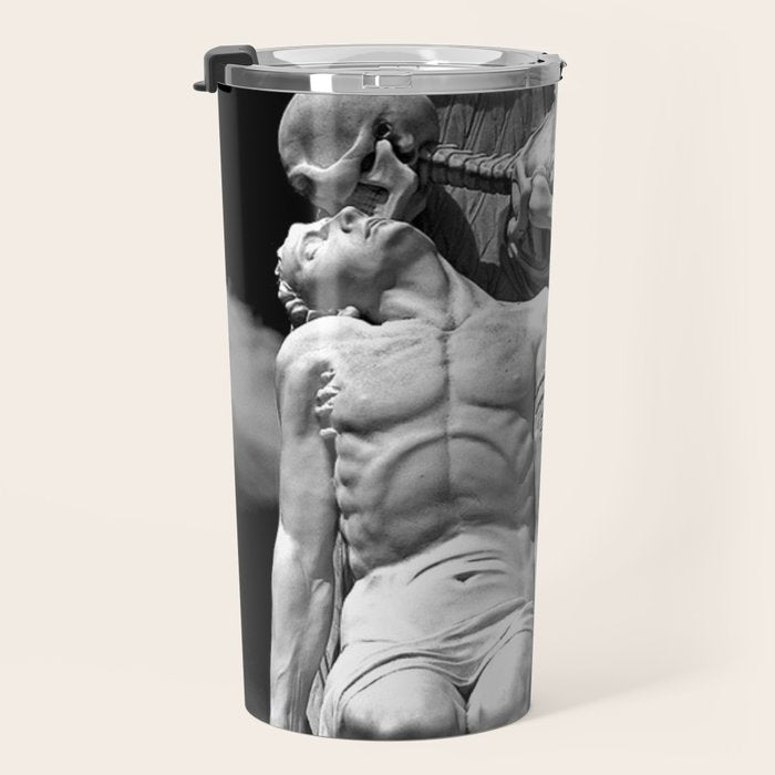 Kiss of Death, grave headstone winged angel of death marble sculpture and man Barcelona, Spain  Travel Mug Gallery Image 3