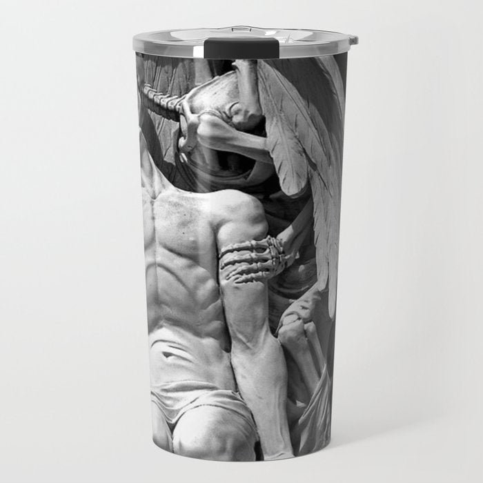 Kiss of Death, grave headstone winged angel of death marble sculpture and man Barcelona, Spain  Travel Mug Gallery Image 1