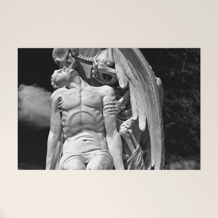 Kiss of Death, grave headstone winged angel of death marble sculpture and man Barcelona, Spain  Welcome Mat Gallery Image 1