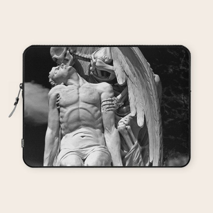 Kiss of Death, grave headstone winged angel of death marble sculpture and man Barcelona, Spain  Laptop Sleeve Gallery Image 1
