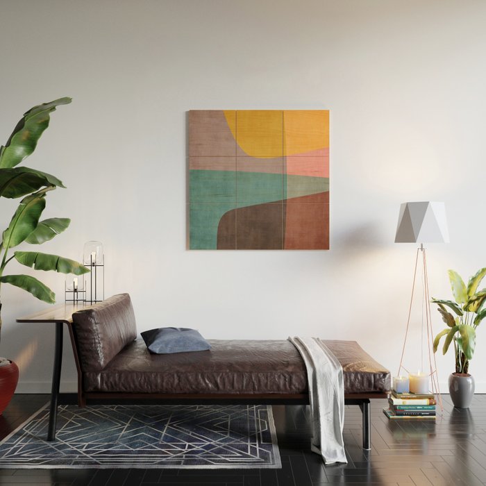 Modern Abstract Artwork Yellow Teal Pink Wood Wall Art Gallery Image 2