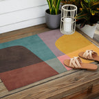 Modern Abstract Artwork Yellow Teal Pink Outdoor Rug Gallery Image 2