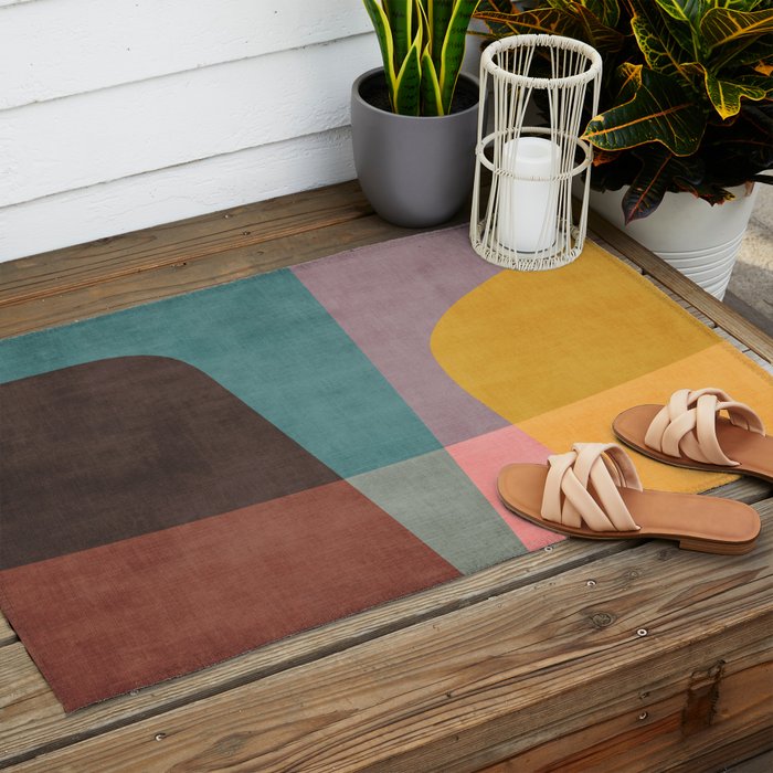 Modern Abstract Artwork Yellow Teal Pink Outdoor Rug Gallery Image 2