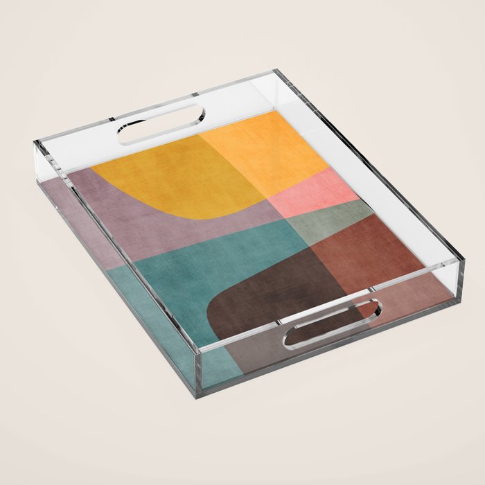 Modern Abstract Artwork Yellow Teal Pink Acrylic Tray Gallery Image 1