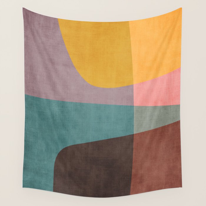 Modern Abstract Artwork Yellow Teal Pink Wall Tapestry Gallery Image 1