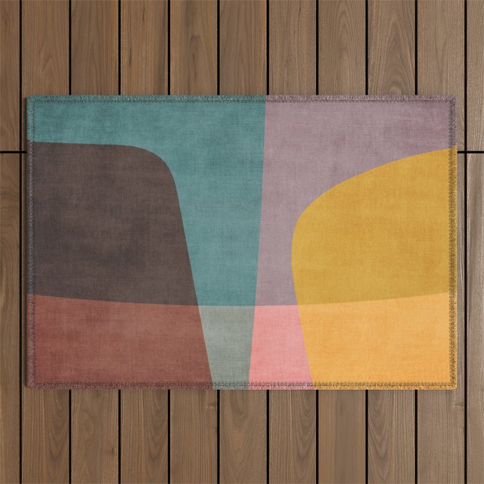 Modern Abstract Artwork Yellow Teal Pink Outdoor Rug Gallery Image 1