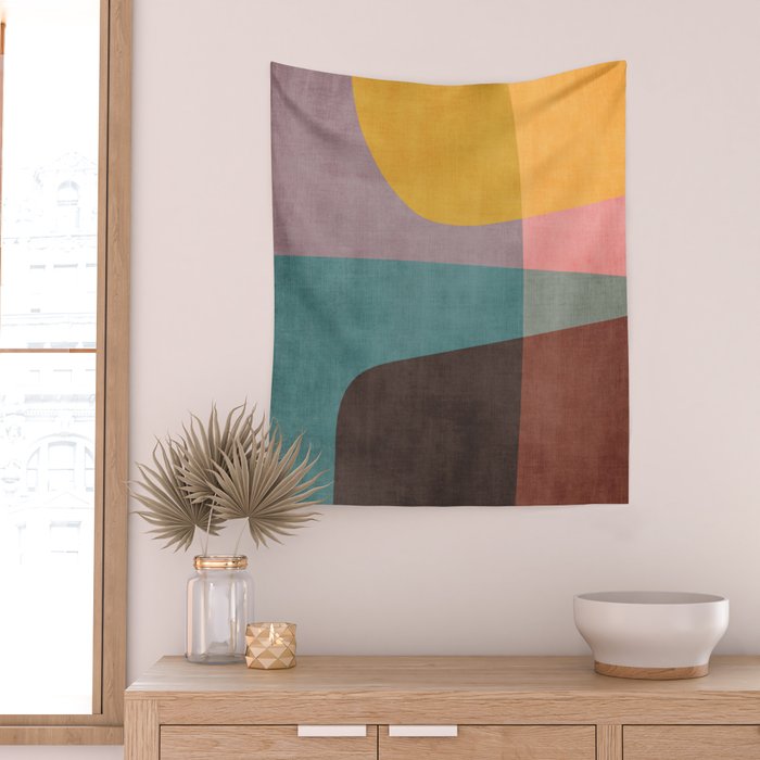 Modern Abstract Artwork Yellow Teal Pink Wall Tapestry Gallery Image 2