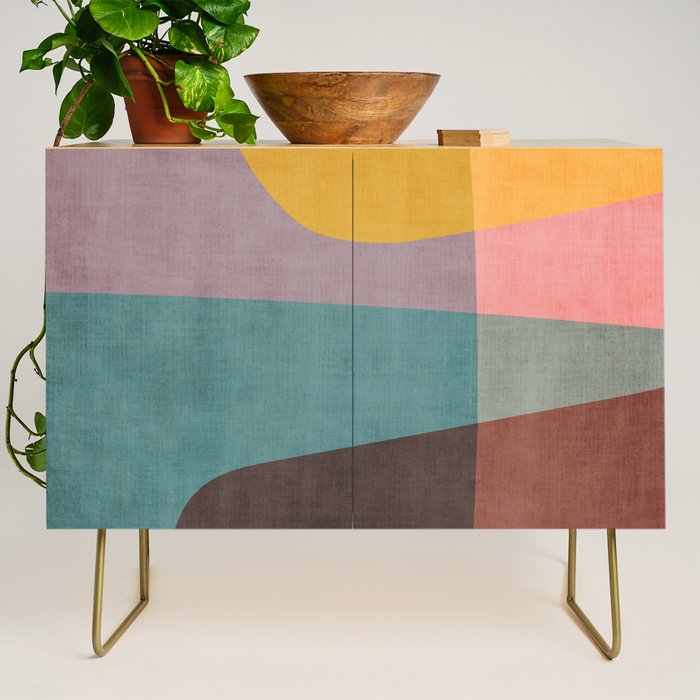 Modern Abstract Artwork Yellow Teal Pink Credenza Gallery Image 1