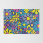Retro Garden Gingham Flowers Maximalist Blue 60s 70s Floral Pattern Rug Gallery Image 2