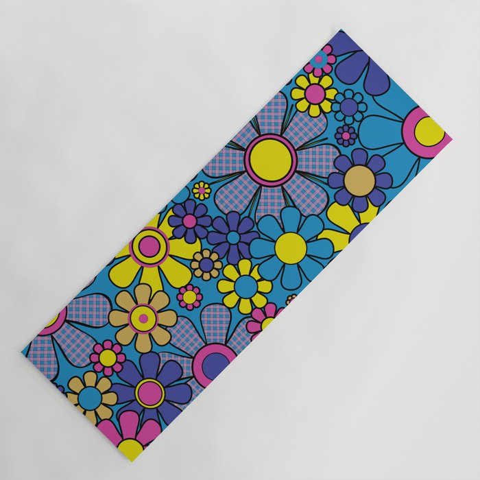 Retro Garden Gingham Flowers Maximalist Blue 60s 70s Floral Pattern Yoga Mat Gallery Image 1