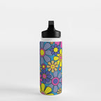 Retro Garden Gingham Flowers Maximalist Blue 60s 70s Floral Pattern Water Bottle Gallery Image 3
